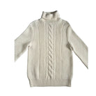 Beige knitted sweater with cable pattern on a white background