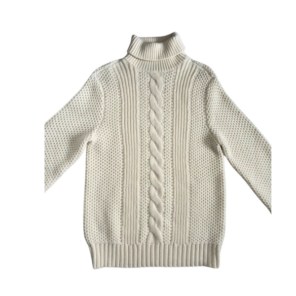 Beige knitted sweater with cable pattern on a white background