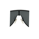 Black shield-style sunglasses with dark lenses on a white background