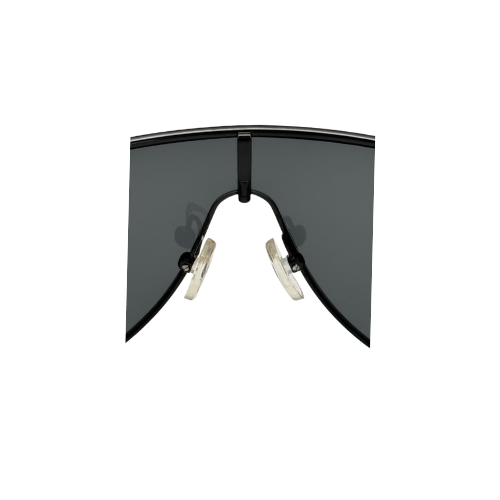 Black shield-style sunglasses with dark lenses on a white background