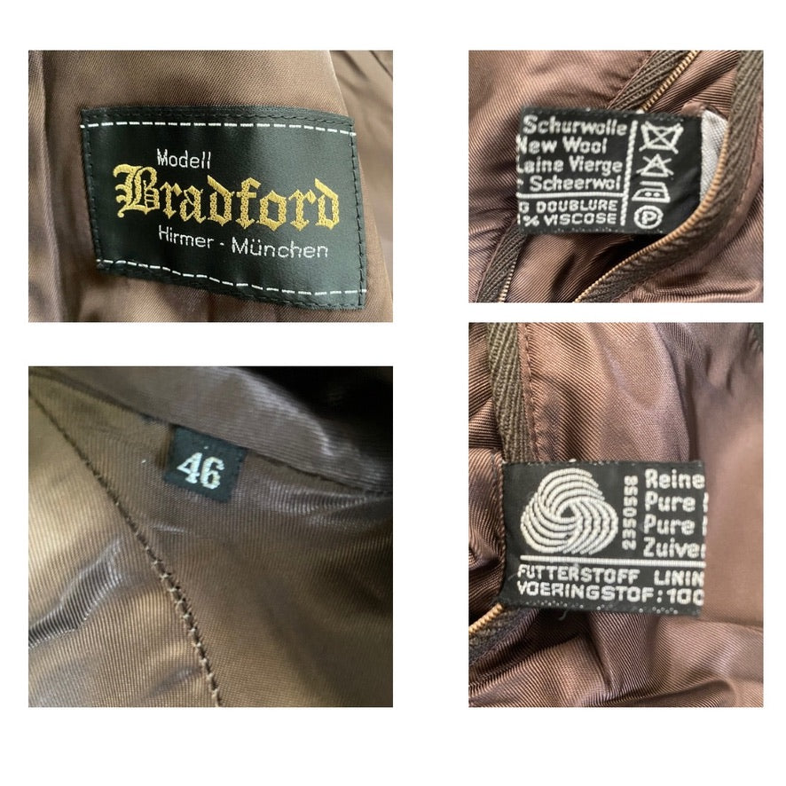 Collage of labels on a brown jacket with brand names and text.