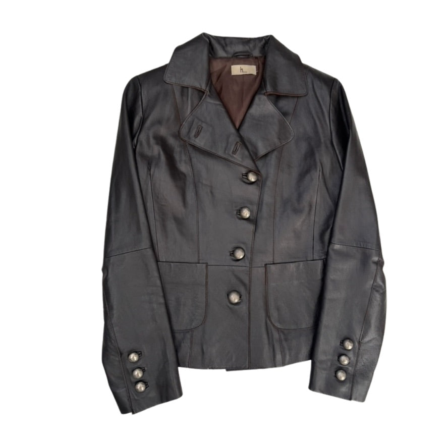 Dark brown leather jacket with button details on a white background