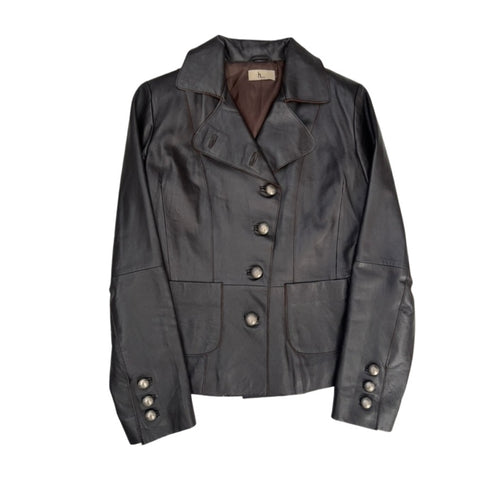 Military Style Leather Short Jacket Brown Size S - Vintage