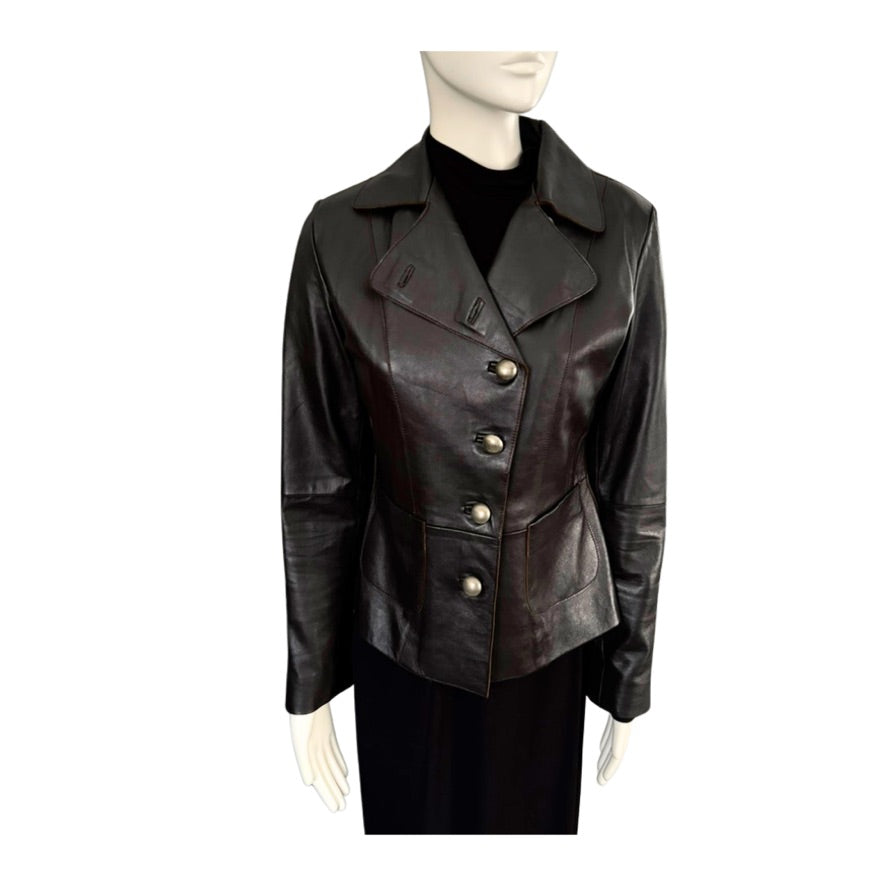 Black leather jacket on a mannequin against a white background
