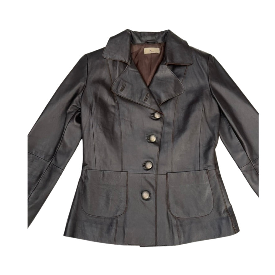 Dark gray leather jacket with button details on a white background