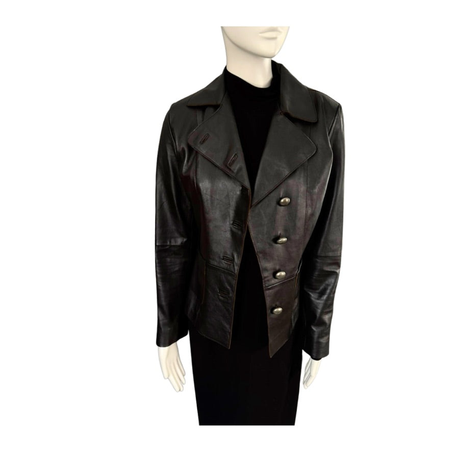 Black leather jacket on a mannequin against a white background