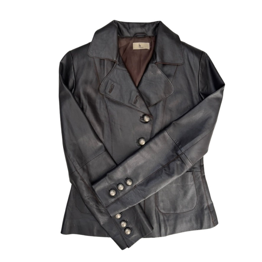 Dark brown leather jacket with button details on a white background