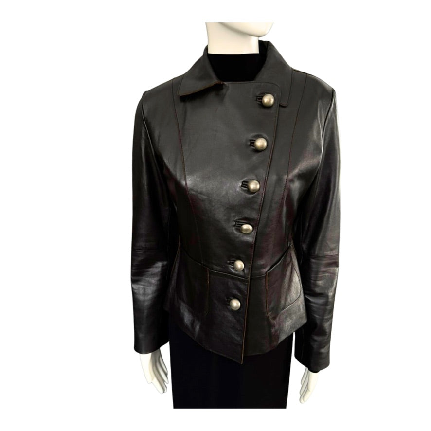 Brown leather jacket with silver buttons on a mannequin against a white background