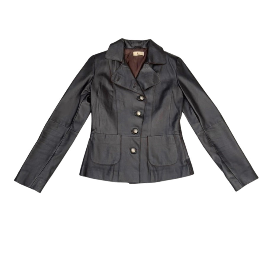 Dark brown jacket with button details on a white background