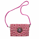 Moroccan-inspired pink patterned shoulder bag with lilac stone embellishment and braided strap. 