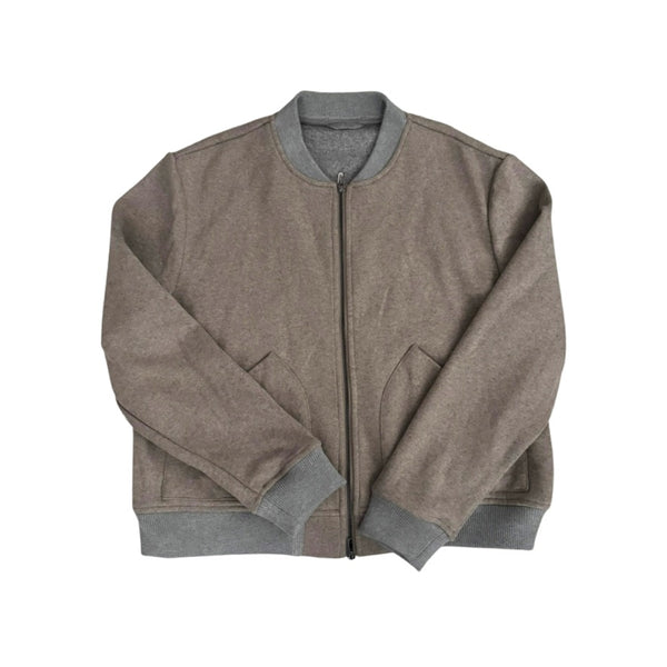 Brown jacket with gray trim on a white background
