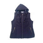 Navy quilted vest with zippers on a white background