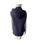 Navy blue quilted vest on a mannequin against a white background