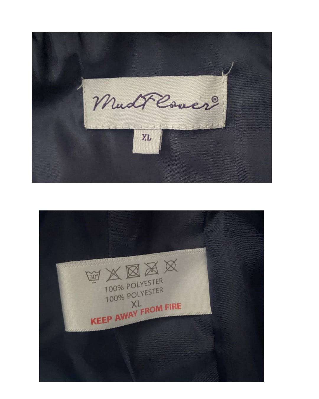 Two labels on a dark fabric background, one with 'Mud Flower' branding and the other with care instructions.