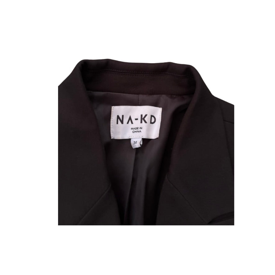 Black jacket with a visible brand label on a white background