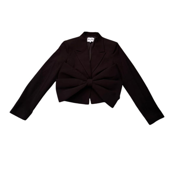 Black cropped blazer with a knot detail on a white background