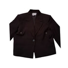 Black blazer with a brand label on a white background