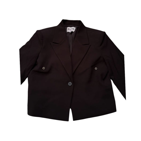 Black blazer with a brand label on a white background