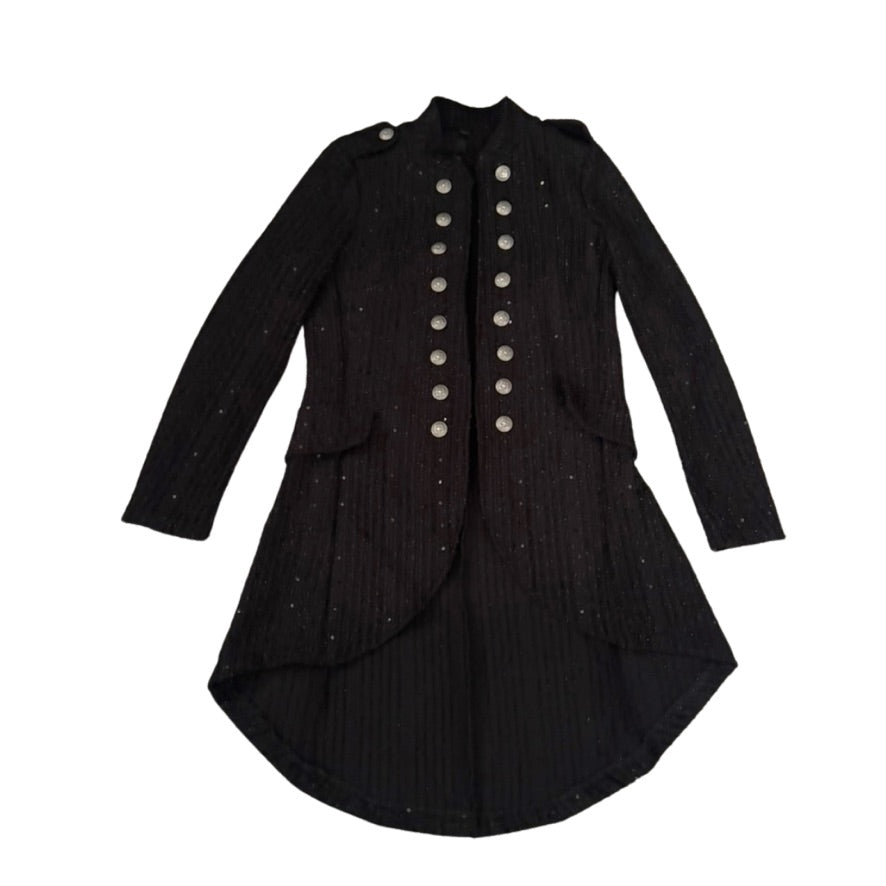 Black coat with silver buttons on a white background