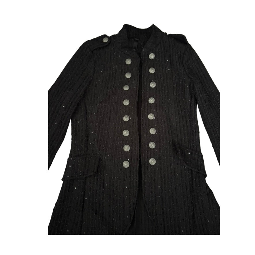 Black coat with silver buttons on a white background