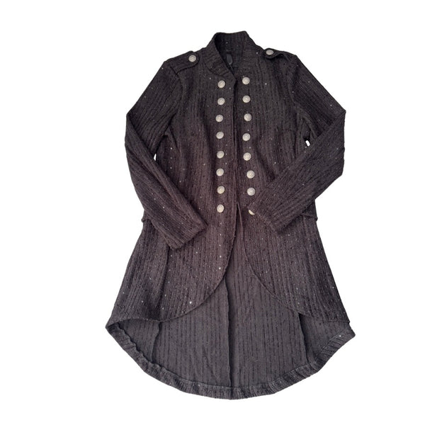 Black textured coat with button details on a white background