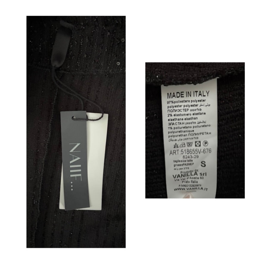 Clothing tag with 'NAIF' brand name and 'Made in Italy' label on a black background