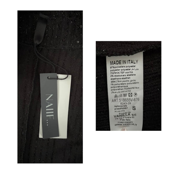 Clothing tag with 'NAIF' brand name and 'Made in Italy' label on a black background