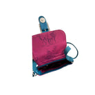 Pink pouch with blue strap on a white background