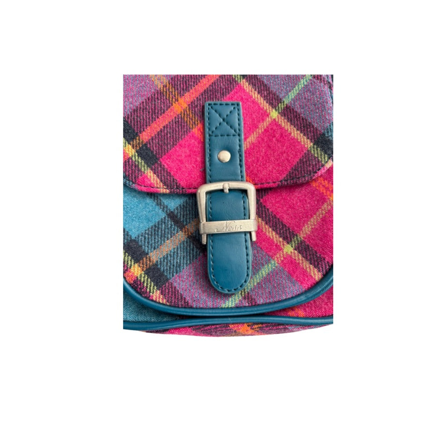 Colorful plaid bag with a blue strap and buckle on a white background