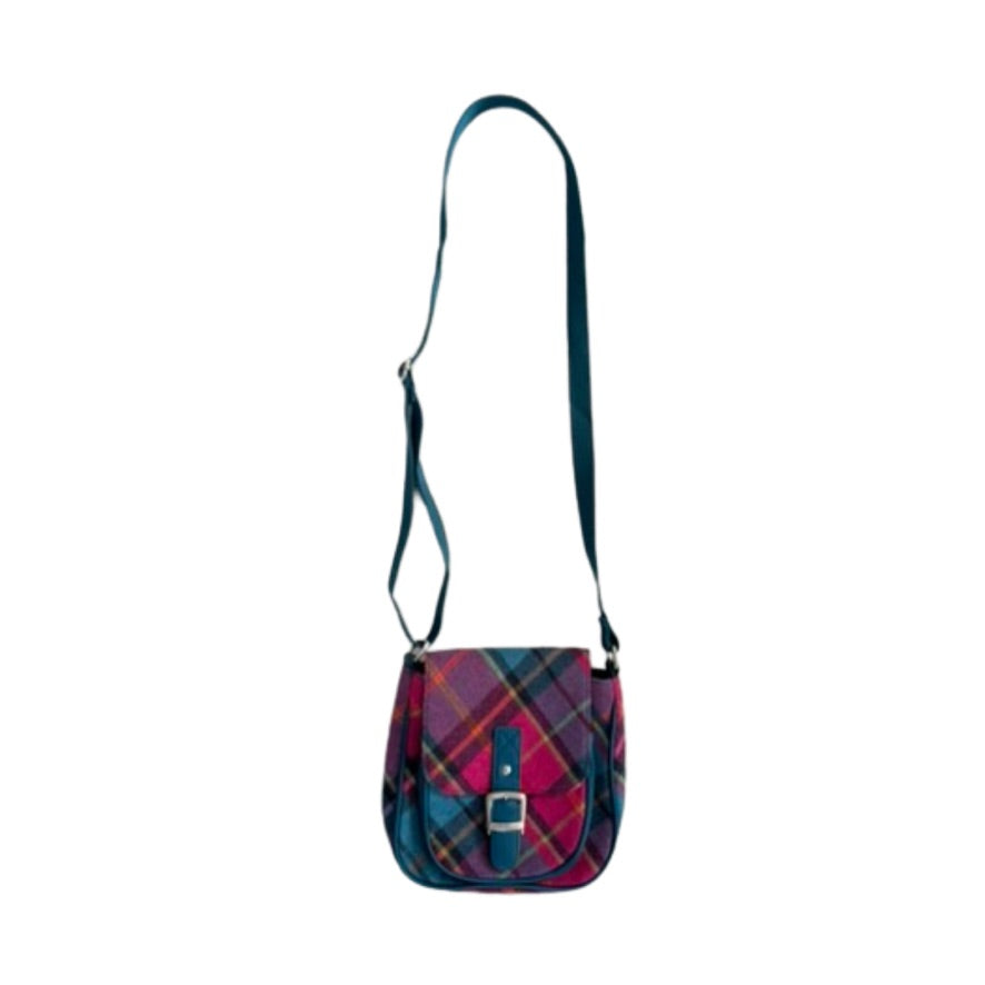 Plaid patterned shoulder bag on a white background