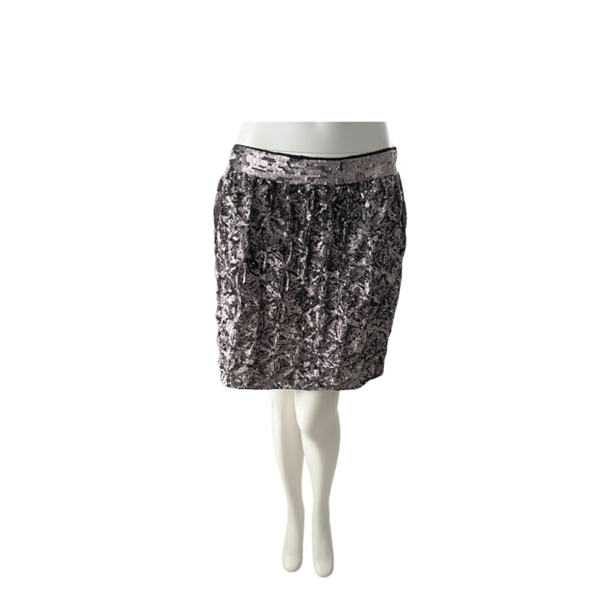 Dark Silver sequin skirt on a mannequin against a white background