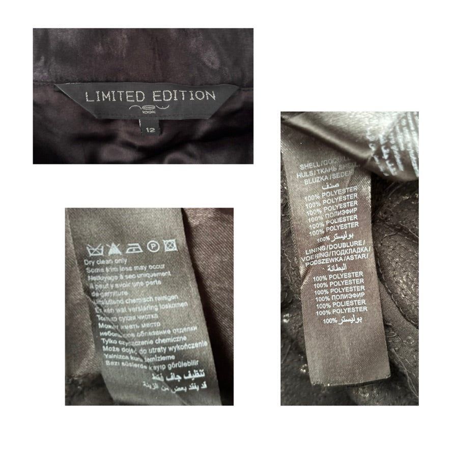 Close-up of clothing labels with text and symbols on a garment.