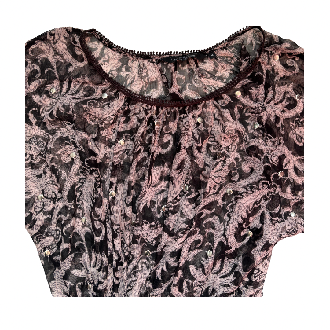 Black and pink floral patterned dress close-up on a white background