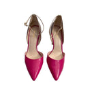 Pair of pink high-heeled shoes on a white background