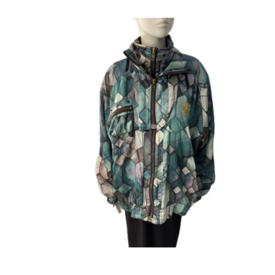 Multicolored patterned jacket on a mannequin against a white background