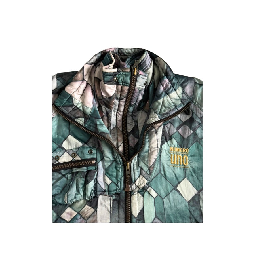 Patterned jacket with a brand logo on a white background