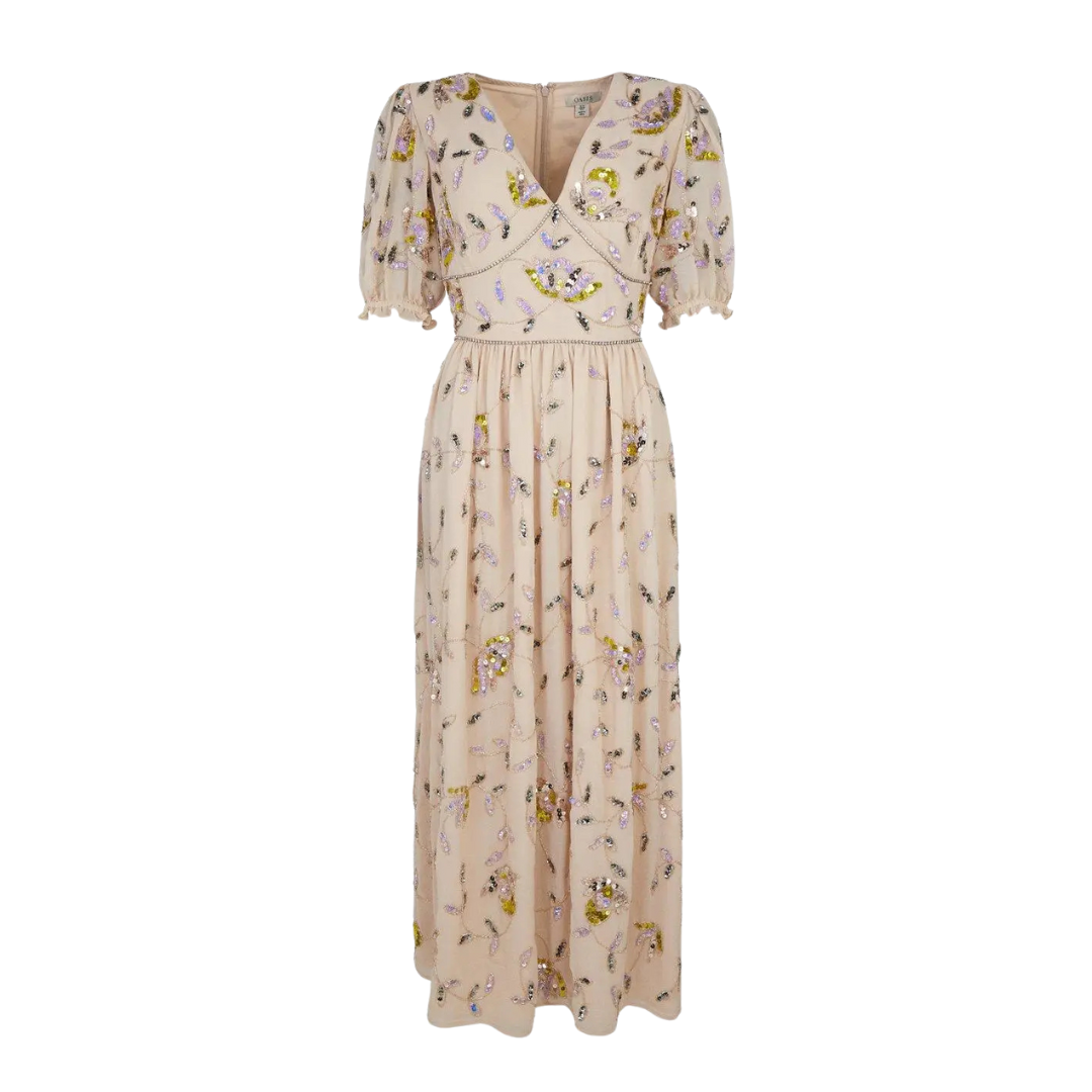 Beige floral dress on a white background