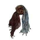 A scarf brown and blue with patterns, on a white background.