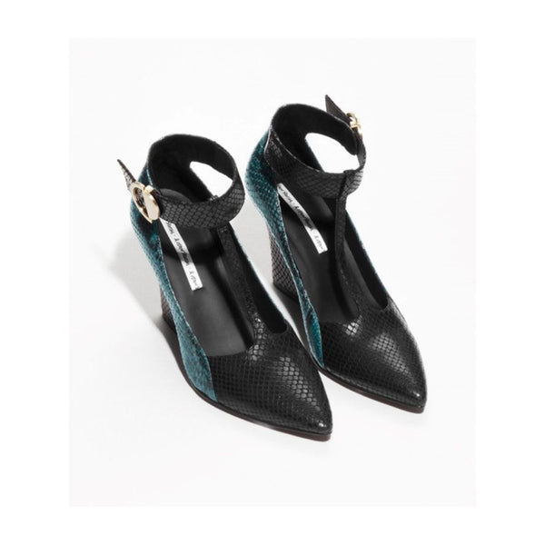 Black and teal high-heeled shoes with ankle straps on a white background