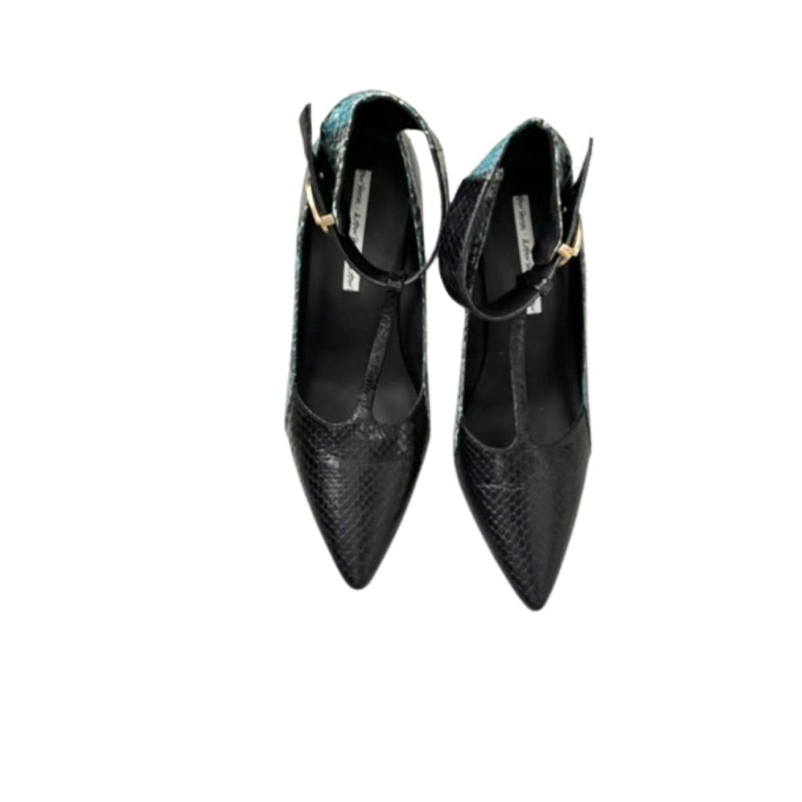 Pair of black high-heeled shoes on a white background