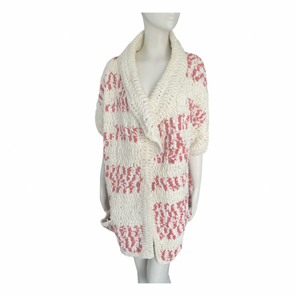Oversized Chunky Knit Sleeveless Cardigan Pink Cream SIZE 16 - Preloved