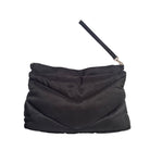 Black quilted nylon rectangular bag with a large chevron padding effect, featuring a detachable long chain strap and wristlet, shown from a side angle with the zipper visible.