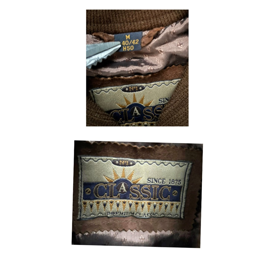 Close-up of a label on a brown leather product with 'CLASSIC' branding.