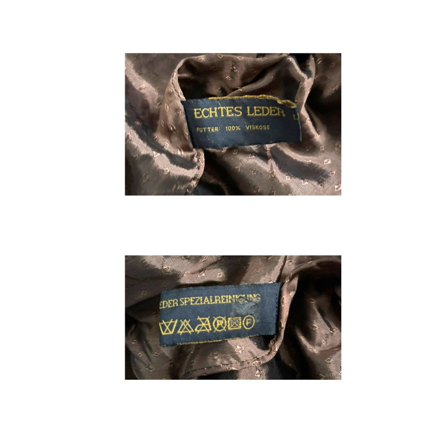 Close-up of leather jacket labels with 'Echtes Leder' and 'WAGG' branding.