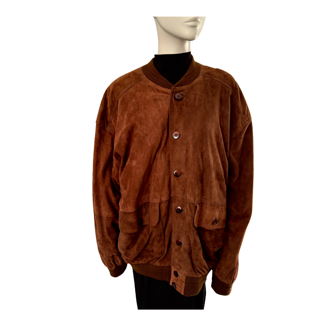 Brown suede jacket on a mannequin against a white background