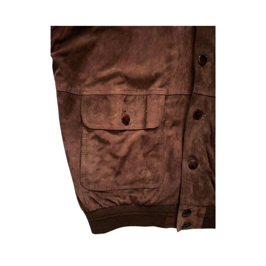 Brown jacket with a pocket and buttons on a white background