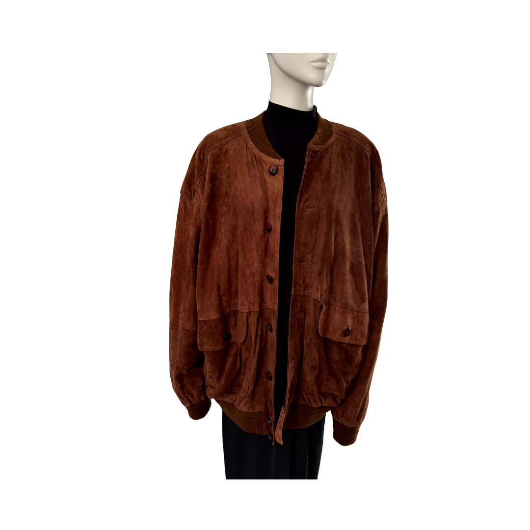 Brown suede jacket on a mannequin against a white background