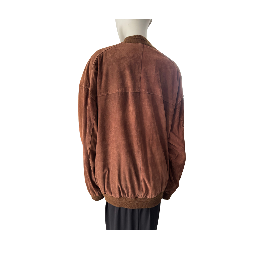 Brown suede jacket on a mannequin against a white background