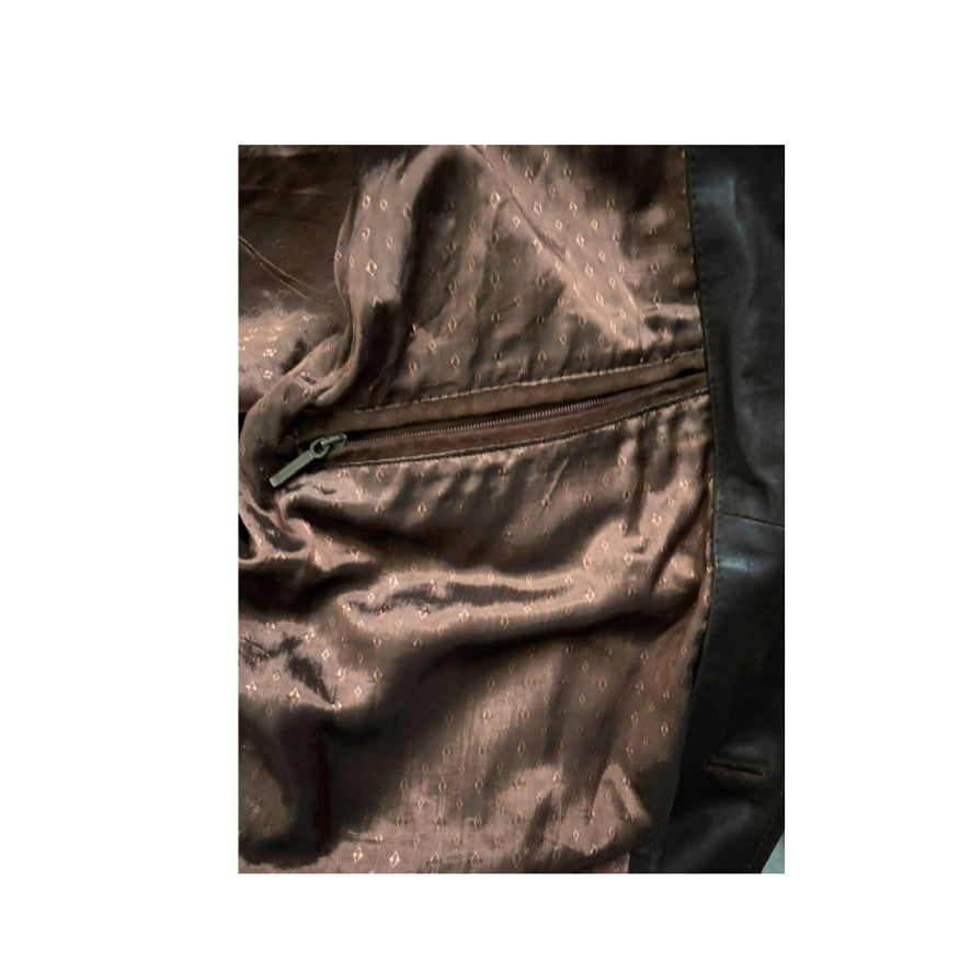 Close-up of a brown leather jacket with a zipper