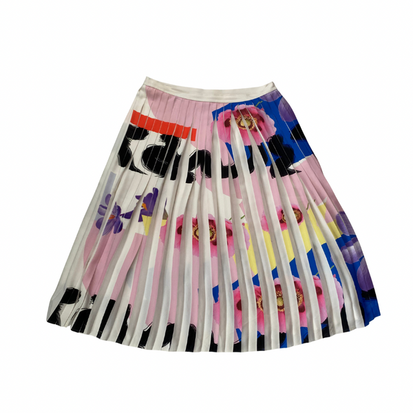 Colorful pleated skirt with abstract design on a white background